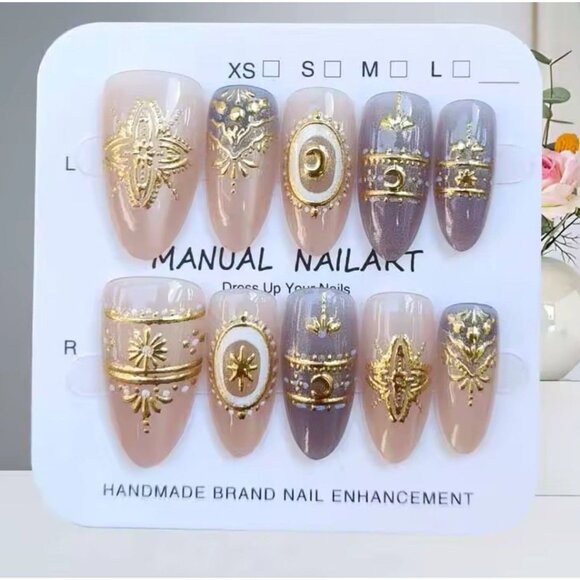 Handmade Press On Nails Gel Almond Blue Baroque Trendy Star Moon Celestial Mediu - Picture 1 of 4